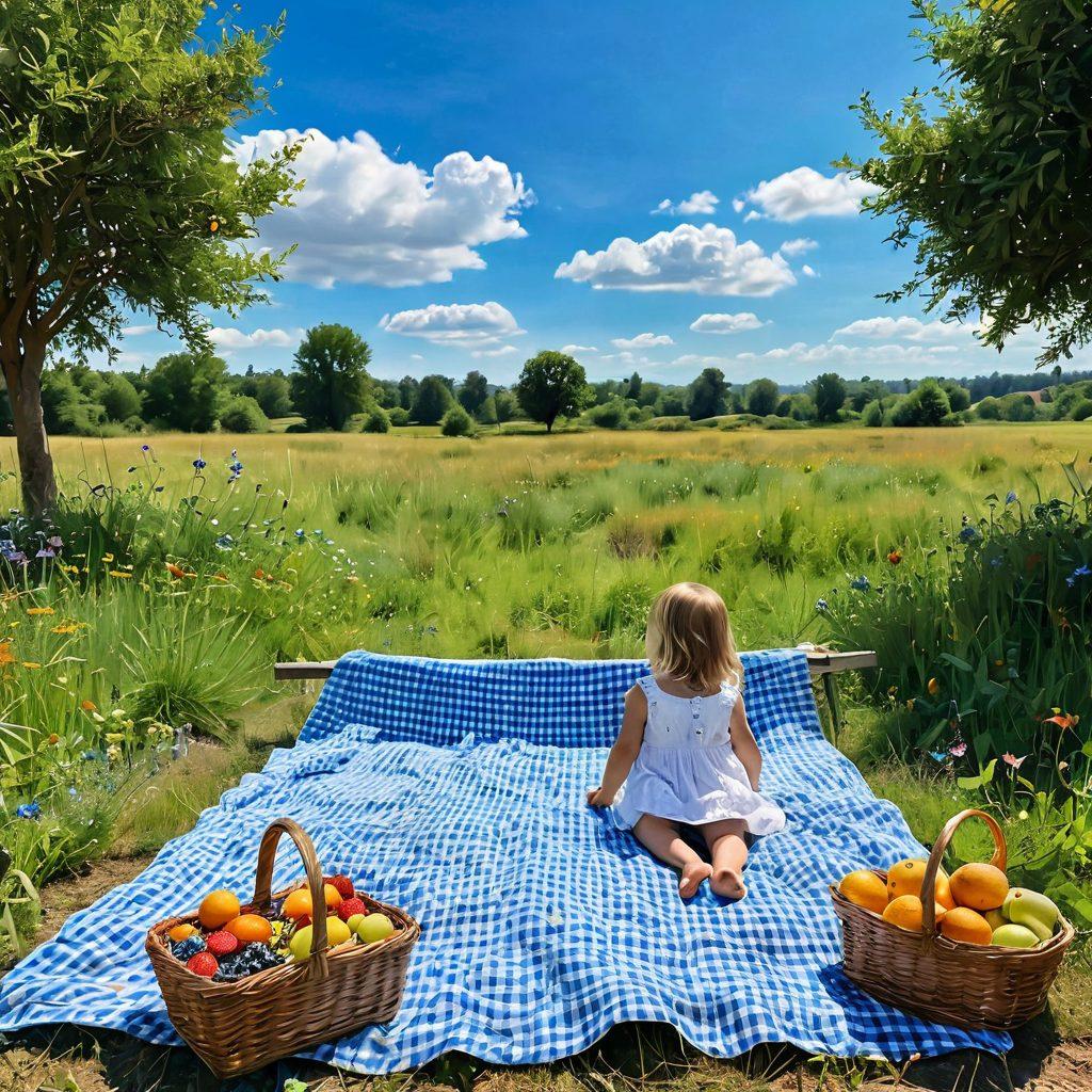 A tranquil landscape showcasing a serene meadow under a bright blue sky, with wildflowers gently swaying in the breeze. In the foreground, a simple wooden picnic setup with a checkered blanket and fresh fruits, symbolizing spontaneity. A carefree child running barefoot, embodying the essence of organic existence, surrounded by butterflies. Soft, bright colors enhance the feeling of peace and simplicity. watercolor style. vibrant colors.