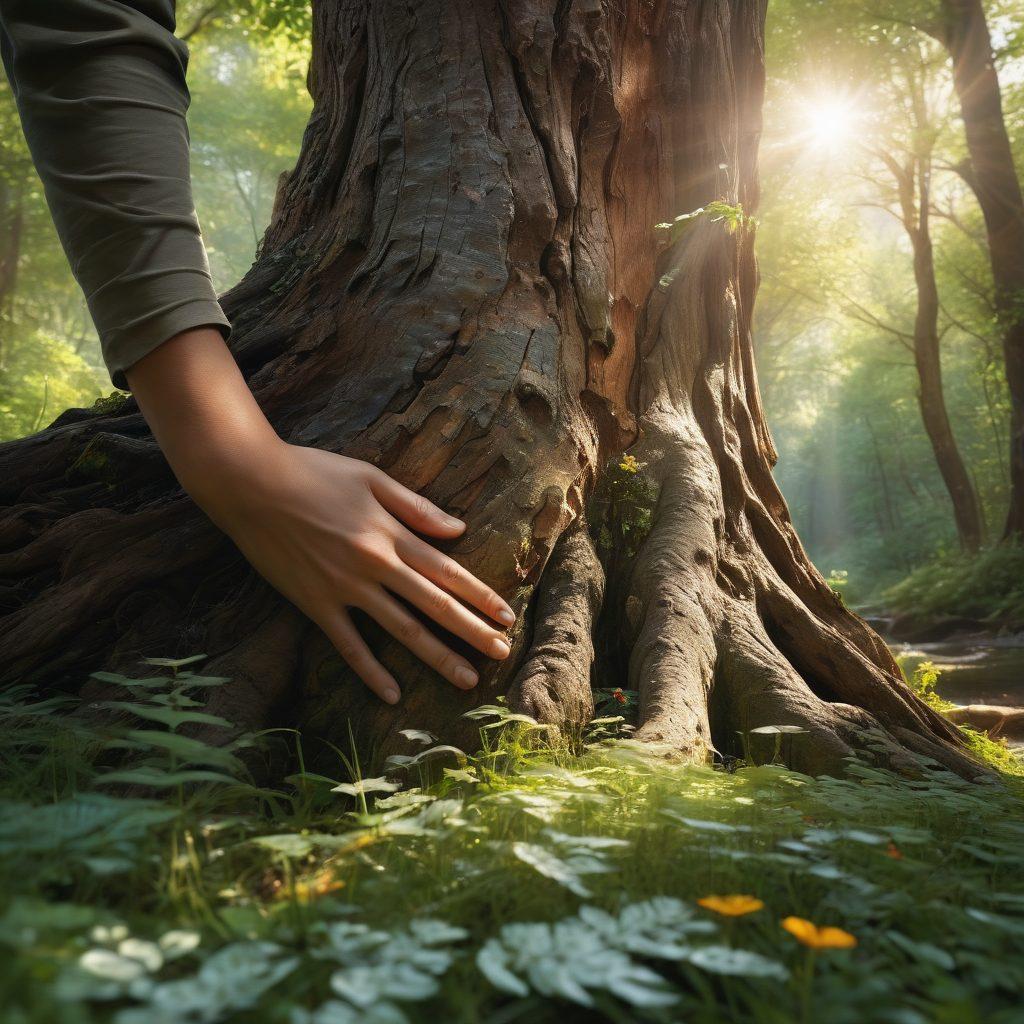 A serene forest scene showcasing a close-up of a person gently touching the bark of an ancient tree, with sunlight streaming through the leaves, casting dappled shadows on the ground. Surrounding the figure are vibrant wildflowers and a gentle stream, symbolizing harmony between humans and nature. The atmosphere evokes a sense of tranquility and deep connection. super-realistic. vibrant colors. soft focus.