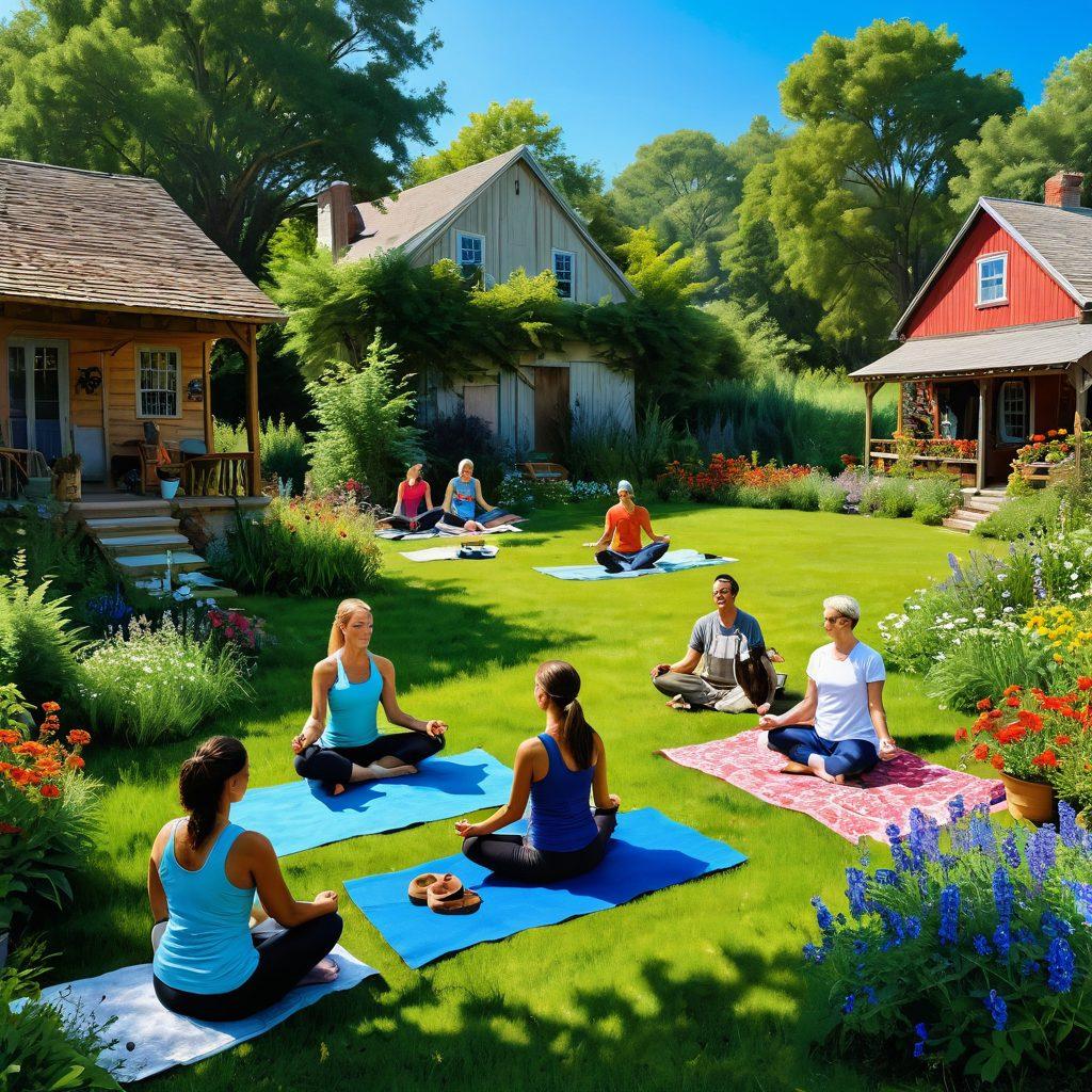A tranquil scene depicting a diverse group of people engaging in outdoor activities surrounded by lush greenery, emphasizing natural living. Incorporate elements like a farmer's market, gardening, and people practicing yoga in the sun. Show vibrant wildflowers and a clear blue sky to evoke a sense of peace and authenticity. Illustrate warmth and community spirit. super-realistic. vibrant colors. peaceful atmosphere.